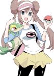  1girl black_legwear blue_eyes blush breasts brown_hair commentary double_bun gen_5_pokemon hat highres holding holding_poke_ball hyakuen_raitaa legwear_under_shorts long_hair looking_at_viewer mei_(pokemon) open_mouth pantyhose poke_ball poke_ball_(generic) poke_ball_print pokemon pokemon_(creature) pokemon_(game) pokemon_bw2 raglan_sleeves shirt short_shorts shorts simple_background smile snivy twintails visor_cap white_background yellow_shorts 