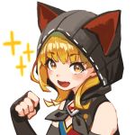  1girl animal_hood bare_shoulders black_gloves black_hoodie blonde_hair blush boots cat_hood dragalia_lost emma_(dragalia_lost) fang gloves highres hood konya_(chocolate_palette) looking_at_viewer open_mouth paw_pose short_hair simple_background skin_fang smile solo sparkle upper_body 