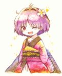 1girl 23_(candy_chapus) ;d blush cherry_blossoms commentary_request eyebrows_visible_through_hair flower hair_flower hair_intakes hair_ornament heart highres japanese_clothes kimono looking_at_viewer obi one_eye_closed open_mouth purple_hair purple_kimono red_eyes sash short_hair simple_background smile solo sparkle sukuna_shinmyoumaru touhou traditional_media upper_body watercolor_(medium) white_background 