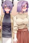  2girls absurdres alternate_costume bangs blush breasts closed_mouth eyepatch fingernails headgear highres holding_hands jacket kantai_collection large_breasts long_sleeves multiple_girls purple_hair red_skirt short_hair simple_background skirt sweat sweater tadd_(tatd) tatsuta_(kantai_collection) tenryuu_(kantai_collection) turtleneck turtleneck_sweater yellow_eyes yuri 