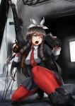  1girl absurdres battle_rifle black_footwear black_gloves blue_eyes blurry boots bow brown_hair cable commentary_request cropped_jacket depth_of_field drill_hair drill_locks girls_frontline gloves gun hair_bow highres holding holding_gun holding_weapon howa_type_64 howa_type_64_(girls_frontline) indoors jacket knees legs long_hair looking_to_the_side magazine_(weapon) necktie one_knee open_clothes open_jacket pantyhose partly_fingerless_gloves red_legwear reloading ribbon rifle school_uniform sekino_takehiro shooting_gloves shouting sidelocks solo tactical_clothes trigger_discipline weapon white_ribbon 