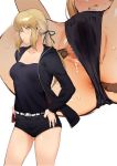  1girl anus_peek artoria_pendragon_(all) ass belt black_panties blonde_hair blush breasts censored clenched_teeth fate/stay_night fate_(series) hands_on_hips jacket long_hair mosaic_censoring multiple_views panties ponytail pussy_peek saber_alter saber_alter_costume_ver._shinjuku_1999 shorts simple_background spread_pussy_under_clothes suruga_kreuz teeth underwear white_background yellow_eyes 