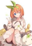  1girl bison_cangshu black_shorts blue_eyes breasts clover doll_hug drawstring four-leaf_clover go-toubun_no_hanayome hair_ribbon hand_up highres hood hood_down hoodie knees_up large_breasts leg_warmers long_sleeves looking_at_viewer loose_socks nakano_yotsuba one_eye_closed orange_hair ribbed_legwear ribbon short_hair short_shorts shorts simple_background sitting smile solo stuffed_animal stuffed_bunny stuffed_toy thighs v white_background white_legwear 