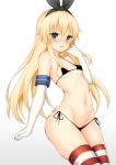  1girl bikini black_bikini blonde_hair blush breasts covered_nipples elbow_gloves eyebrows_visible_through_hair gloves gradient gradient_background grey_eyes hair_between_eyes hairband kantai_collection long_hair micro_bikini navel open_mouth shimakaze_(kantai_collection) small_breasts solo striped striped_legwear swimsuit thighhighs toshishikisai white_gloves 