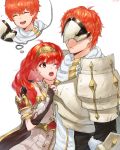  1boy 1girl armor brother_and_sister celica_(fire_emblem) closed_eyes closed_mouth conrad_(fire_emblem) dress earrings fingerless_gloves fire_emblem fire_emblem_echoes:_shadows_of_valentia futabaaf gloves highres imagining jewelry long_hair mask one_eye_closed open_mouth red_eyes red_hair short_hair siblings simple_background tiara white_background 