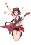  1girl absurdres arm_up bang_dream! bangs bare_shoulders black_footwear black_shorts boots brown_hair commentary_request guitar hair_ornament highres holding instrument open_mouth purple_eyes qoray7 short_hair short_shorts shorts simple_background smile solo star toyama_kasumi white_background 