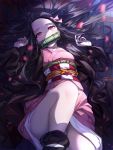  1girl bangs black_hair breasts brown_hair checkered commentary fingernails forehead gradient_hair hair_ribbon hands_up japanese_clothes kamado_nezuko kimetsu_no_yaiba kimono knee_up long_hair long_sleeves looking_at_viewer lying multicolored_hair narae obi on_back open_clothes parted_bangs petals pink_eyes pink_kimono pink_ribbon ribbon sash sharp_fingernails small_breasts solo very_long_hair wide_sleeves wooden_floor 