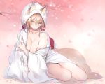  1girl animal_ears bare_shoulders blonde_hair breasts cherry_blossoms cleavage collarbone fox_ears fox_girl fox_tail hood japanese_clothes kimono large_breasts original petals shizu-chan sitting solo tail uchikake white_kimono wide_sleeves yellow_eyes yukibuster_z 