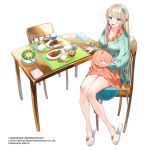  1girl bangs bare_legs belly blonde_hair blue_eyes blush bowl braid buttons cardigan cellphone cellphone_charm chair chopstick_rest chopsticks collared_dress company_name dress food full_body hair_ornament half_updo hand_on_own_stomach jewelry kansen_x_shoujo knees_together_feet_apart kodama_(wa-ka-me) legs long_hair long_sleeves looking_at_viewer meal meat open_mouth orange_dress partially_unbuttoned phone pregnant rice rice_bowl ring salad sandals short_dress simple_background sitting slippers smartphone smile solo soup sparkle table tissue_box very_long_hair watermark wedding_band white_background 