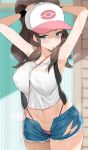  1girl armpits arms_up bag bare_arms bare_shoulders baseball_cap between_breasts blue_eyes blue_shorts blush breasts brown_hair collarbone commentary_request cowboy_shot crop_top cutoffs denim denim_shorts hair_tie_in_mouth hat highleg highleg_panties large_breasts long_hair looking_at_viewer midriff mouth_hold navel noripachi panties pink_panties pokemon pokemon_(game) pokemon_bw shirt short_shorts shorts shoulder_bag sidelocks sleeveless sleeveless_shirt solo sweat sweatband thighs torn_clothes torn_shorts touko_(pokemon) tying_hair underwear white_shirt 