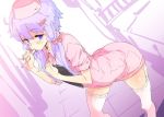  bent_over clipboard commentary digital_thermometer hair_ornament hairclip hat holding holding_clipboard holding_thermometer low_twintails nurse nurse_cap petenshi_(dr._vermilion) purple_eyes purple_hair short_hair_with_long_locks short_sleeves thighhighs twintails vocaloid voiceroid white_legwear yuzuki_yukari 