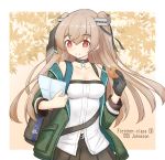  1girl alternate_costume autumn_leaves backpack bag black_choker black_gloves border breasts character_name choker commentary_request cookie eating food gloves green_jacket highres jacket johnston_(kantai_collection) kantai_collection light_brown_hair long_hair map_(object) medium_breasts momiji_manjuu paper red_eyes shirt shonasan single_glove solo strapless tubetop two_side_up white_border white_shirt 