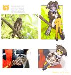  1girl :&lt; animal bangs bird bird_tail black_footwear branch brown_hair brown_hawk-owl_(kemono_friends)_(roonhee) character_name coat commentary_request crossed_legs dated fur-trimmed_coat fur-trimmed_sleeves fur_collar fur_trim hair_between_eyes head_wings japari_symbol kemono_friends korean_commentary looking_at_viewer minigirl mixed-language_commentary multicolored_hair multilingual original owl pantyhose personification photo-referenced reference_photo_inset roonhee serious shoes short_hair signature sitting sitting_on_branch triangle_mouth white_hair yellow_eyes yellow_legwear 