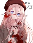  1girl bangs beret blood blood_on_face bloody_clothes bloody_knife blue_eyes brown_jacket character_name collarbone collared_shirt eyebrows_behind_hair hair_between_eyes hand_up hat head_tilt highres holding holding_knife ia_(vocaloid) jacket knife long_hair long_sleeves looking_at_viewer open_clothes open_jacket parted_lips pink_hair red_headwear shirt sleeves_past_wrists solo upper_body vocaloid white_shirt yuuki_kira 