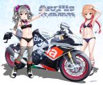  2girls absurdres armpits bikini boots brown_eyes brown_hair dark_illuminate elbow_gloves flick_(sal23) gloves grey_hair ground_vehicle highres huge_filesize idolmaster idolmaster_cinderella_girls kanzaki_ranko motor_vehicle motorcycle multiple_girls ninomiya_asuka purple_eyes short_hair single_elbow_glove swimsuit thigh_boots thighhighs twintails 