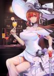 absurdres azur_lane bangs bar bare_shoulders blush bow breasts choker cleavage cocktail cocktail_glass commentary crossed_legs cup dress drinking_glass earrings food fruit gloves hair_between_eyes hair_ribbon hat hat_bow highres holding holding_cup jewelry jianshu large_breasts light_particles long_hair monarch_(azur_lane) monarch_(simple_white_grandeur)_(azur_lane) orange orange_slice red_hair ribbon scepter sidelocks sitting smile sun_hat thigh_strap white_dress 