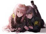  2girls 404_(girls_frontline) bangs blush boots brown_hair closed_mouth eyebrows_visible_through_hair fingerless_gloves girls_frontline gloves grey_hair hair_between_eyes hair_ornament jacket legs_up long_hair long_sleeves looking_at_viewer lying multiple_girls on_stomach one_eye_closed one_side_up pants pantyhose silence_girl simple_background smile ump40_(girls_frontline) ump45_(girls_frontline) white_background yellow_eyes yuri 
