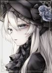  1girl black_headwear black_neckwear blue_eyes blue_flower blue_rose border chin_strap commentary cravat eyelashes flower hat hat_flower highres long_hair original pale_skin parted_lips portrait ringed_eyes rose see-through shiro_yurine signature solo white_hair 