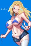  1girl absurdres bikini blonde_hair blue_background blue_bikini_top blue_eyes blue_shorts blush breasts commentary denim denim_shorts girls_und_panzer grin groin hair_intakes head_tilt highres kay_(girls_und_panzer) large_breasts long_hair looking_at_viewer navel one_eye_closed open_fly shorts simple_background skindentation smile solo standing sweat swimsuit takefu_jiin thighhighs twitter_username untied untied_bikini untying white_legwear 