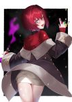  ange_katrina bangs blue_eyes blush border coat cowboy_shot deras flask from_behind hair_between_eyes hair_intakes highres looking_at_viewer looking_back nijisanji off_shoulder open_mouth outside_border red_cardigan red_hair short_hair test_tube virtual_youtuber white_border 