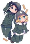  2girls :o arm_up bangs black_eyes black_gloves black_hair blonde_hair blue_eyes blush boots brown_footwear chito_(shoujo_shuumatsu_ryokou) commentary_request eyebrows_visible_through_hair food fur-trimmed_jacket fur-trimmed_sleeves fur_trim gloves green_jacket green_pants hair_between_eyes helmet highres jacket long_hair long_sleeves looking_at_viewer military military_jacket military_uniform multiple_girls open_mouth pants parted_lips rations shoujo_shuumatsu_ryokou sidelocks simple_background uniform wagashi928 white_background yuuri_(shoujo_shuumatsu_ryokou) 