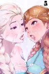 2girls anna_(frozen) artist_name bare_shoulders blonde_hair blue_dress blue_eyes braid breast_press breasts bukkake cleavage cum cum_in_mouth cum_in_nose cum_on_body cum_on_breasts cum_on_clothes cum_on_hair cum_on_tongue cum_on_upper_body cumdrip dress elsa_(frozen) eye_contact eyelashes face-to-face facial forehead-to-forehead freckles frozen_(disney) hair_over_shoulder incest lips logo long_hair looking_at_another mr.takealook multiple_girls open_mouth orange_hair red_lips siblings side_braid sisters symmetrical_docking tongue tongue_out twin_braids 