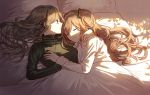  2girls bangs black_clothes black_ribbon blanket brown_hair closed_eyes closed_mouth collar collared_shirt girls_frontline grey_hair hair_between_eyes hair_ornament hair_ribbon holding holding_another&#039;s_arm hug long_hair long_sleeves looking_away lying multiple_girls on_back one_side_up pillow ribbon shirt silence_girl sleeping smile sunlight tears turtleneck ump40_(girls_frontline) ump45_(girls_frontline) upper_body white_shirt yellow_eyes yuri 