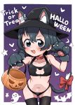  1girl :d animal_ears bangs bare_shoulders black_bra black_legwear black_panties blue_eyes blue_hair bow bra cat_cutout cat_ears cat_tail choker collarbone cowboy_shot ears_through_headwear extra_ears fang flat_chest gloves hair_between_eyes halloween halloween_basket hands_up hat highres jack-o&#039;-lantern kaban_(kemono_friends) kemono_friends kemonomimi_mode leaning_forward looking_at_viewer navel nekonyan_(inaba31415) open_mouth panties paw_gloves paw_pose paws purple_background red_bow red_choker short_hair simple_background smile solo tail tail_bow thighhighs trick_or_treat underwear witch_hat 