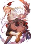  1girl ass bangs bat_wings black_legwear black_skirt blonde_hair blush boots breasts collared_shirt fang frilled_skirt frills granblue_fantasy hair_between_eyes head_wings highres kakage knee_boots long_hair long_sleeves looking_at_viewer open_mouth pointy_ears red_eyes shirt simple_background skirt small_breasts smile solo thighhighs vampy white_background white_footwear white_shirt wings 