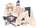  2girls ass black_hair black_legwear blue_eyes breasts charlotte_e_yeager dark_skin fang francesca_lucchini green_eyes medium_breasts multiple_girls mummy_costume nanashino one_eye_closed open_mouth orange_hair panties smile spread_legs strike_witches striped striped_panties sweat thighhighs twintails underwear vampire vampire_costume world_witches_series 