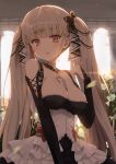  1girl :o arch azur_lane backlighting bangs bare_shoulders between_breasts black_dress blurry_foreground blush breasts cleavage commentary_request dress earrings eyebrows_visible_through_hair formidable_(azur_lane) frilled_dress frills grey_hair hair_ribbon hand_up highres indoors jewelry large_breasts long_hair long_sleeves looking_at_viewer mawaru33 partial_commentary red_eyes ribbon solo twintails two-tone_dress two-tone_ribbon very_long_hair 