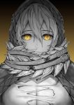  1girl bangs breasts code_vein commentary covered_mouth dress eyebrows_visible_through_hair face greyscale hair_between_eyes highres io_(code_vein) large_breasts looking_at_viewer monochrome short_hair solo torn_clothes torn_dress yellow_eyes yuki7128 