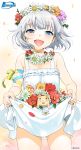  1girl blue_eyes cowboy_shot dress flower flower_necklace hamster head_wreath highres himawari_(myslot) inoue_sora jewelry looking_at_viewer myslot necklace open_mouth short_hair silver_hair smile solo standing sundress white_dress 