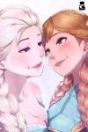  2girls anna_(frozen) artist_name bare_shoulders blonde_hair blue_dress blue_eyes braid breast_press breasts cleavage dress elsa_(frozen) eye_contact eyelashes face-to-face forehead-to-forehead freckles frozen_(disney) hair_over_shoulder lips logo long_hair looking_at_another mr.takealook multiple_girls orange_hair red_lips siblings side_braid sisters smile symmetrical_docking twin_braids 
