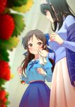  2girls absurdres beige_skirt black_hair blue_bow blue_eyes blue_shirt blue_skirt blurry blurry_foreground bow brown_eyes brown_hair chama_kou cream cup depth_of_field food food_on_face fruit hair_bow hairband highres holding holding_cup idolmaster idolmaster_cinderella_girls idolmaster_cinderella_girls_starlight_stage long_hair multiple_girls napkin sagisawa_fumika shawl shirt skirt strawberry tachibana_arisu wiping_mouth 