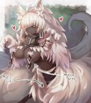  1girl ahoge alder animal_ear_fluff bangs black_sclera blush breasts bunyip_(monster_girl_encyclopedia) claw_pose claws commentary dark_skin directional_arrow english_text eyebrows_visible_through_hair eyes_visible_through_hair fluffy fur green_eyes hair_over_one_eye heart highres lamia large_breasts looking_at_viewer mask monster_girl monster_girl_encyclopedia paws solo white_fur white_hair 