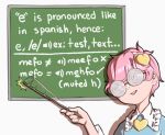  1girl bespectacled chalkboard coke-bottle_glasses english_commentary english_text glasses hairband holding_stick komeiji_satori mefomefo open_mouth phonetic_alphabet pink_hair round_teeth short_hair smile solo tapping teeth touhou white_background 