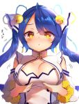  1girl :o amamiya_kokoro bangs bare_shoulders bell blue_hair blurry blush breast_hold breasts cleavage cleavage_cutout detached_sleeves dress frilled_sleeves frills hair_bell hair_ornament hair_over_one_eye hair_ribbon highres jingle_bell long_hair looking_at_viewer multicolored multicolored_clothes neit_ni_sei nijisanji open_mouth ribbon sketch solo twintails two_side_up upper_body very_long_hair virtual_youtuber white_background x_hair_ornament yellow_eyes 