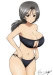  1girl bikini black_bikini blush breasts bukkuri cleavage closed_mouth collarbone dated eyebrows_visible_through_hair freckles girls_und_panzer grey_eyes grey_hair groin large_breasts looking_at_viewer medium_hair navel piyotan ponytail shiny shiny_hair shiny_skin simple_background smile solo standing swimsuit swimwear white_background 