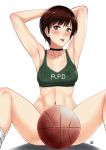 1girl armpits arms_behind_head arms_up basketball blush bottomless brown_eyes brown_hair choker collarbone covered_nipples highres navel rebecca_chambers resident_evil resident_evil_2 short_hair signature socks spread_legs sweat tank_top tongue tongue_out xtermination 