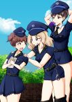  3girls alisa_(girls_und_panzer) arms_behind_head banareona black_neckwear blonde_hair blue_eyes blush breasts brown_eyes brown_hair chewing_gum cloud collarbone emblem eyebrows_visible_through_hair girls_und_panzer grin hat highres kay_(girls_und_panzer) medium_breasts multiple_girls naomi_(girls_und_panzer) necktie open_mouth outdoors police police_hat police_uniform policewoman red_eyes saunders_(emblem) shiny shiny_hair short_hair short_twintails skirt sky small_breasts smile twintails uniform 