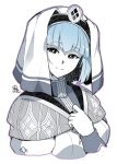  1girl closed_mouth fire_emblem fire_emblem_echoes:_shadows_of_valentia habit highres monochrome nakabayashi_zun short_hair silque_(fire_emblem) simple_background smile solo upper_body white_background 