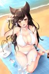  1girl alternate_costume animal_ears aruto_(shake_onigiri) ass_visible_through_thighs atago_(azur_lane) atago_(midsummer_march)_(azur_lane) azur_lane bag bare_legs barefoot beach beach_towel beach_umbrella bikini blush breasts brown_hair character_name cleavage covered_nipples day drink drinking_straw hand_in_hair handbag highres kneeling large_breasts long_hair looking_at_viewer lotion_bottle midriff mole mole_under_eye navel ocean open_mouth outdoors see-through smile solo sunlight swimsuit thigh_gap towel umbrella white_bikini yellow_eyes 