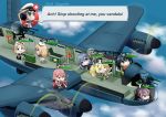  6+girls :p aircraft airplane akashi_(kantai_collection) aoba_(kantai_collection) black_hair blonde_hair blue_hair bomber_crew character_name chibi cloud commentary english_commentary english_text gambier_bay_(kantai_collection) gotland_(kantai_collection) graf_zeppelin_(kantai_collection) highres houshou_(kantai_collection) janus_(kantai_collection) jervis_(kantai_collection) kantai_collection lancaster_(airplane) multiple_girls parody pink_hair plane_interior purple_hair riding roshi_chen tongue tongue_out typo wrench 