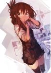  1girl absurdres alternate_costume bangs bathroom brown_eyes brown_hair brushing_teeth casual dutch_angle folded_ponytail hair_between_eyes hand_in_hair highres inazuma_(kantai_collection) kaamin_(mariarose753) kantai_collection looking_at_viewer sidelocks sketch solo standing thighhighs toothbrush 