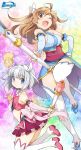  2girls blue_eyes brown_eyes brown_hair hair_ornament hairclip hamster highres himawari_(myslot) inoue_sora long_hair looking_at_viewer magical_girl midori-chan_(myslot) multiple_girls myslot one_eye_closed pointing short_hair silver_hair smile staff thighhighs white_legwear 