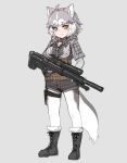  1girl alternate_costume animal_ear_fluff animal_ears belt blue_eyes boots dog_(mixed_breed)_(kemono_friends) dog_ears dog_tail eyebrows_visible_through_hair full_body fur-trimmed_boots fur_trim gloves grey_background grey_footwear grey_hair gun heterochromia holding holding_gun holding_weapon holster kemono_friends legwear_under_shorts looking_at_viewer multicolored_hair nyifu pantyhose short_hair short_shorts shorts simple_background sketch smile solo standing tactical_clothes tail thigh_holster thigh_strap two-tone_hair weapon white_hair yellow_eyes 