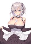  1girl alternate_hairstyle artist_name ascot azur_lane blue_eyes blush breasts choker cleavage collarbone commentary corset cosplay dress dress_lift eyes_visible_through_hair feet_out_of_frame formidable_(azur_lane) formidable_(azur_lane)_(cosplay) frilled_dress frills grey_hair hair_ornament hair_ribbon hairclip hamakaze_(kantai_collection) kantai_collection kuavera large_breasts ribbon short_hair short_twintails signature smile solo twintails two-tone_ribbon 