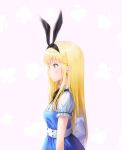  1girl absurdres alice_(wonderland) alice_in_wonderland animal_ears bangs black_ribbon blonde_hair blue_dress blue_eyes bunny_ears commentary dress eyebrows_visible_through_hair fake_animal_ears from_side highres long_hair original qoray7 ribbon short_sleeves solo white_dress 