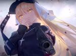  1girl absurdres bangs baseball_cap black_headwear blurry_foreground covering_mouth grin gun handgun hat highres holding holding_gun holding_weapon huge_filesize light_brown_hair long_hair long_sleeves looking_at_viewer m1911 nijisanji pistol ribbon rosary sister_cleaire smile solo t6_ti upper_body virtual_youtuber weapon white_ribbon yellow_eyes zipper zipper_pull_tab 